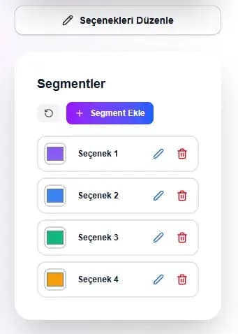 Çark oluşturma ekranında seçeneklerin girildiği segment editörü