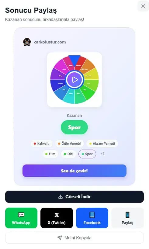 Çark sonucunu sosyal medyada paylaşma ekranı