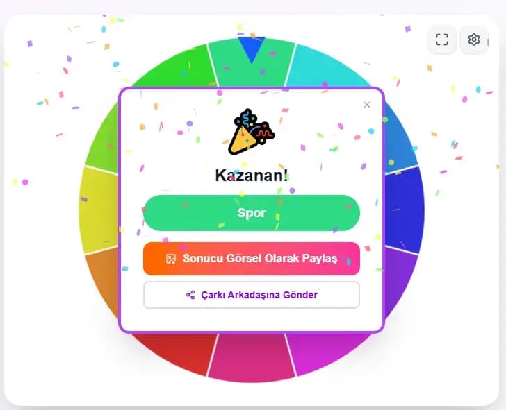 Çark çevrildikten sonra kazananın gösterildiği sonuç ekranı